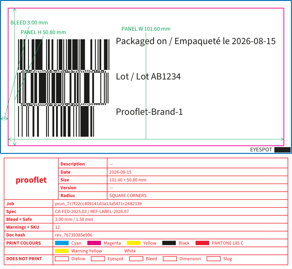 The generated batch label — barcode, batch details in both languages, and the print specs.
